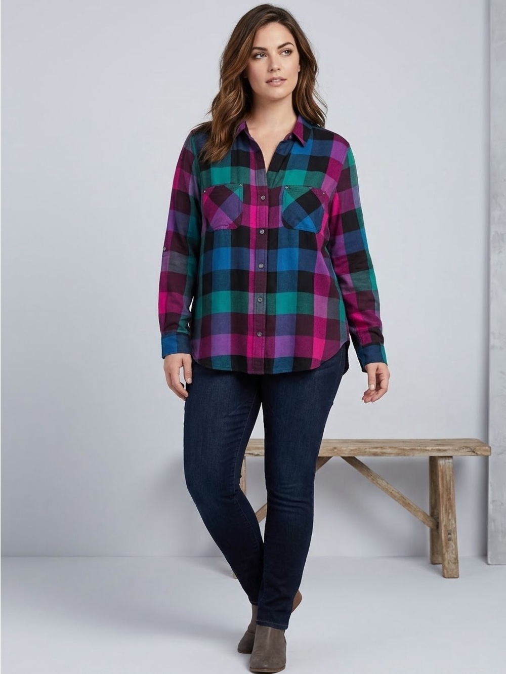 Rock & Republic Purple & Blue Plaid Studded Pocket Button Up Shirt L